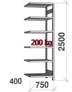 Varastohylly jatko-osa 2500x750x400 200kg/hyllytaso,6 tasoa