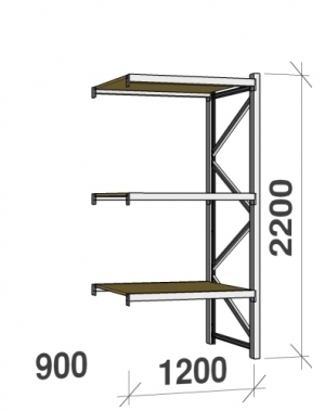 Metallihylly jatko-osa 2200x1200x900 600kg/hyllytaso,3 tasoa lastulevytasoilla