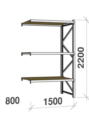 Metallihylly jatko-osa 2200x1500x800 600kg/hyllytaso,3 tasoa lastulevytasoilla