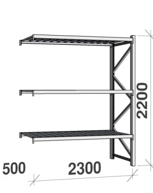 Metallihylly jatko-osa 2200x2300x500 350kg/hyllytaso,3 tasoa peltitasoilla