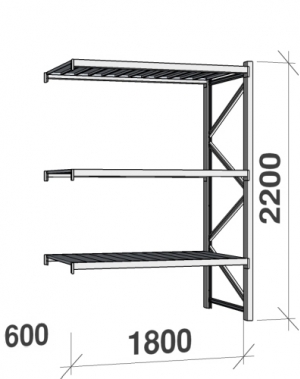 Metallihylly jatko-osa 2200x1800x600 480kg/hyllytaso,3 tasoa peltitasoilla