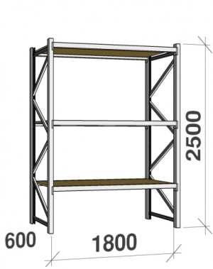 Metallihylly perusosa 2500x1800x600 480kgx3 tasoa lastulevyllä 22mm käytetty