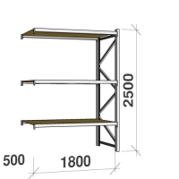 Metallihylly jatko-osa 2500x1800x500 480kg/hyllytaso,3 tasoa lastulevytasoilla