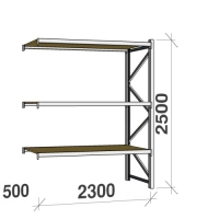 Metallihylly jatko-osa 2500x2300x500 350kg/hyllytaso,3 tasoa lastulevytasoilla