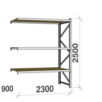 Metallihylly jatko-osa 2500x2300x900 350kg/hyllytaso,3 tasoa lastulevytasoilla