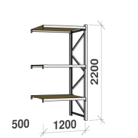 Metallihylly jatko-osa 2200x1200x500 600kg/hyllytaso,3 tasoa lastulevytasoilla