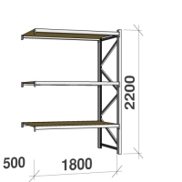 Metallihylly jatko-osa 2200x1800x500 480kg/hyllytaso,3 tasoa lastulevytasoilla