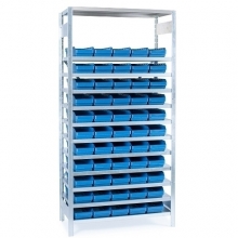 Small parts shelving 2100x1000x300, 55 bins 300x180x95